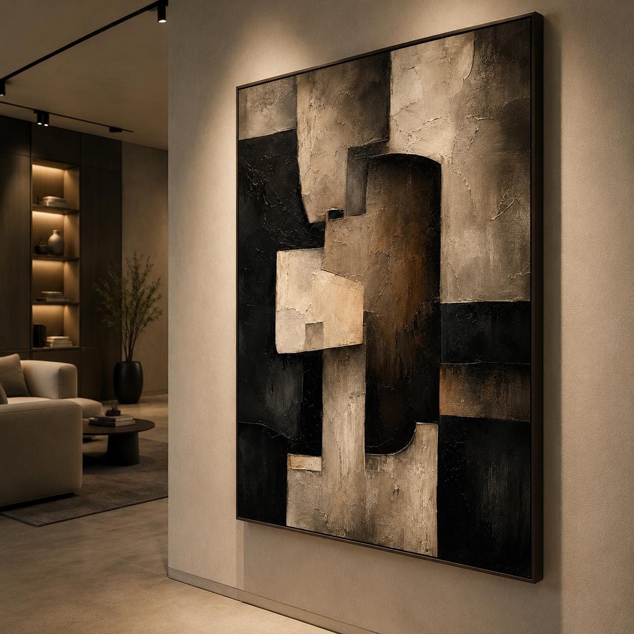 Textured Geometric Abstract Painting, Black Beige Modern Architectural Canvas