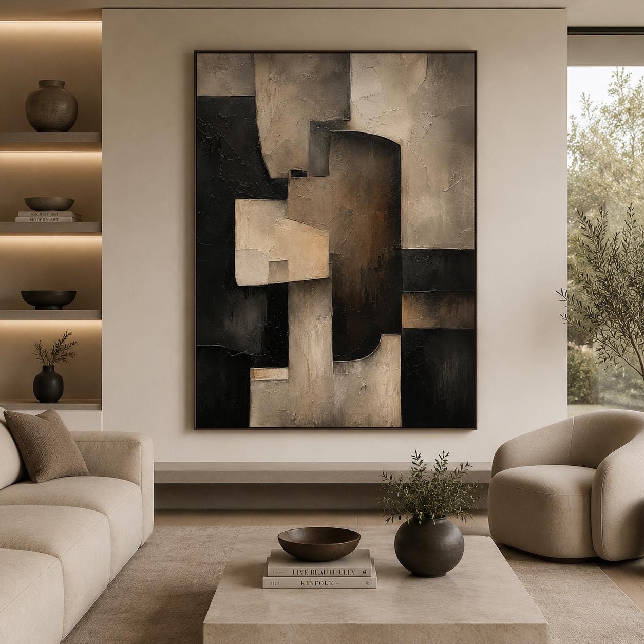 Textured Geometric Abstract Painting, Black Beige Modern Architectural Canvas