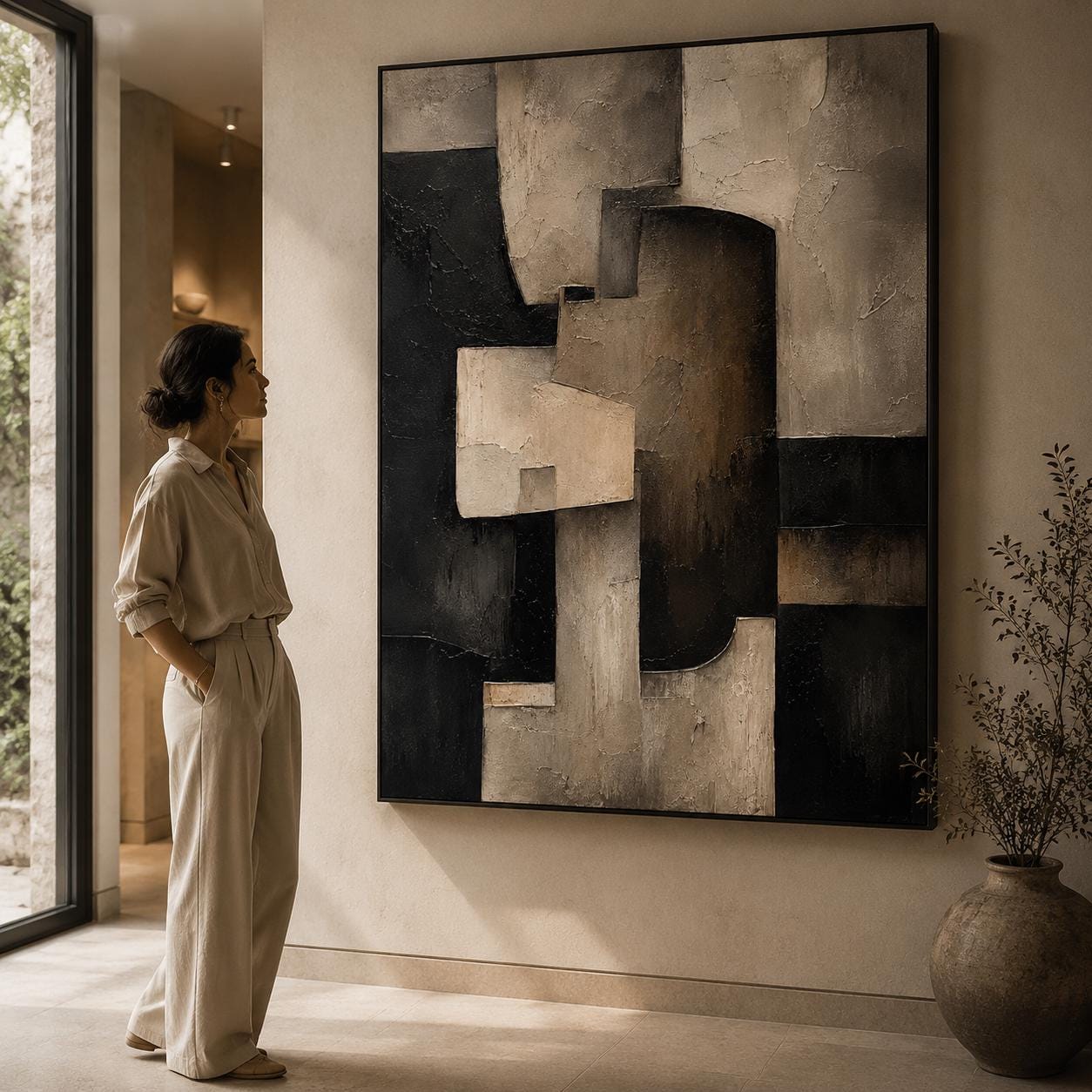 Textured Geometric Abstract Painting, Black Beige Modern Architectural Canvas