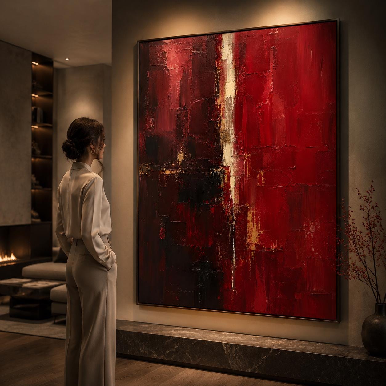 Textured Red Abstract Painting, Bold Impasto Canvas, Modern Luxury Artwork