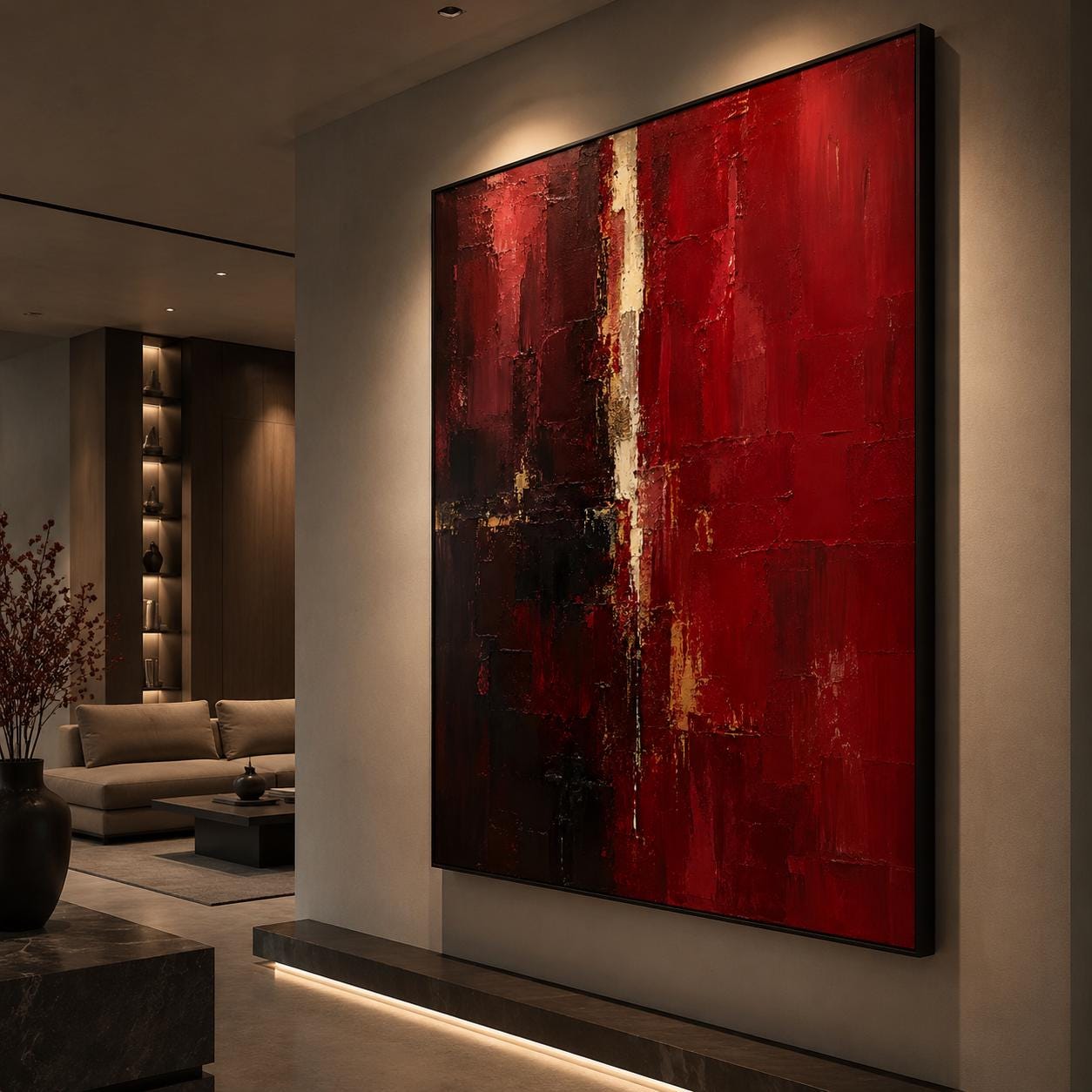 Textured Red Abstract Painting, Bold Impasto Canvas, Modern Luxury Artwork