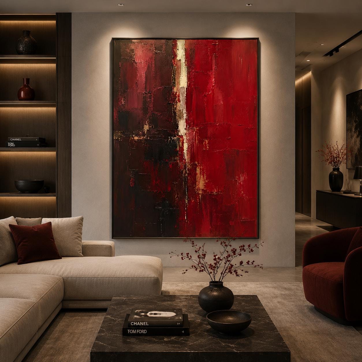 Textured Red Abstract Painting, Bold Impasto Canvas, Modern Luxury Artwork