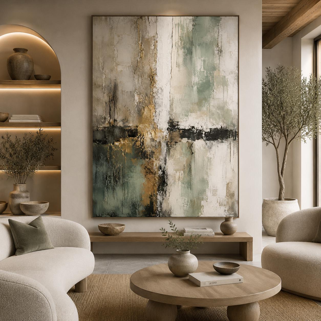 Textured Abstract Painting, Sage Green Gold Mint Canvas Artwork, Luxury Minimalist Decor
