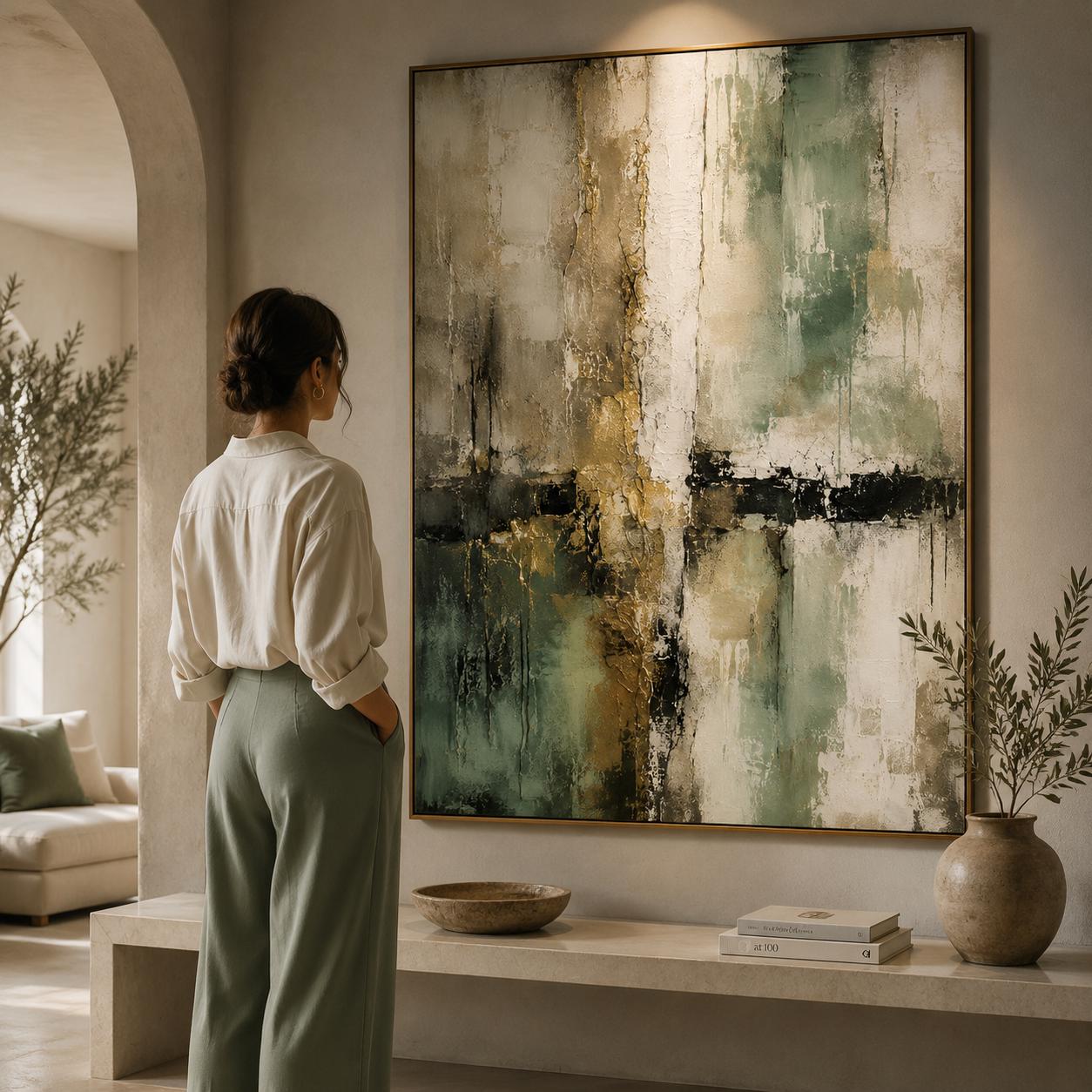 Textured Abstract Painting, Sage Green Gold Mint Canvas Artwork, Luxury Minimalist Decor