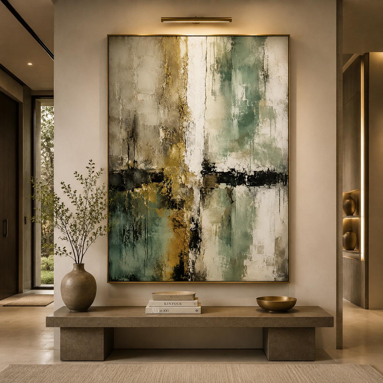 Textured Abstract Painting, Sage Green Gold Mint Canvas Artwork, Luxury Minimalist Decor