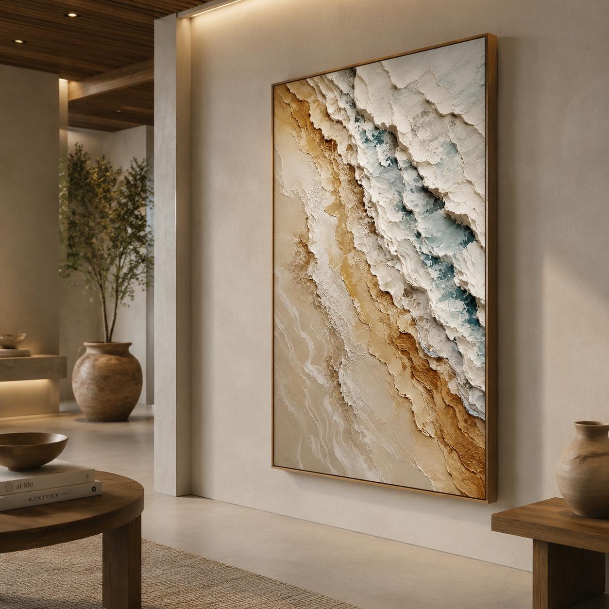 Textured Abstract Coastal Painting, Beige Neutral Canvas, Luxury Impasto Artwork