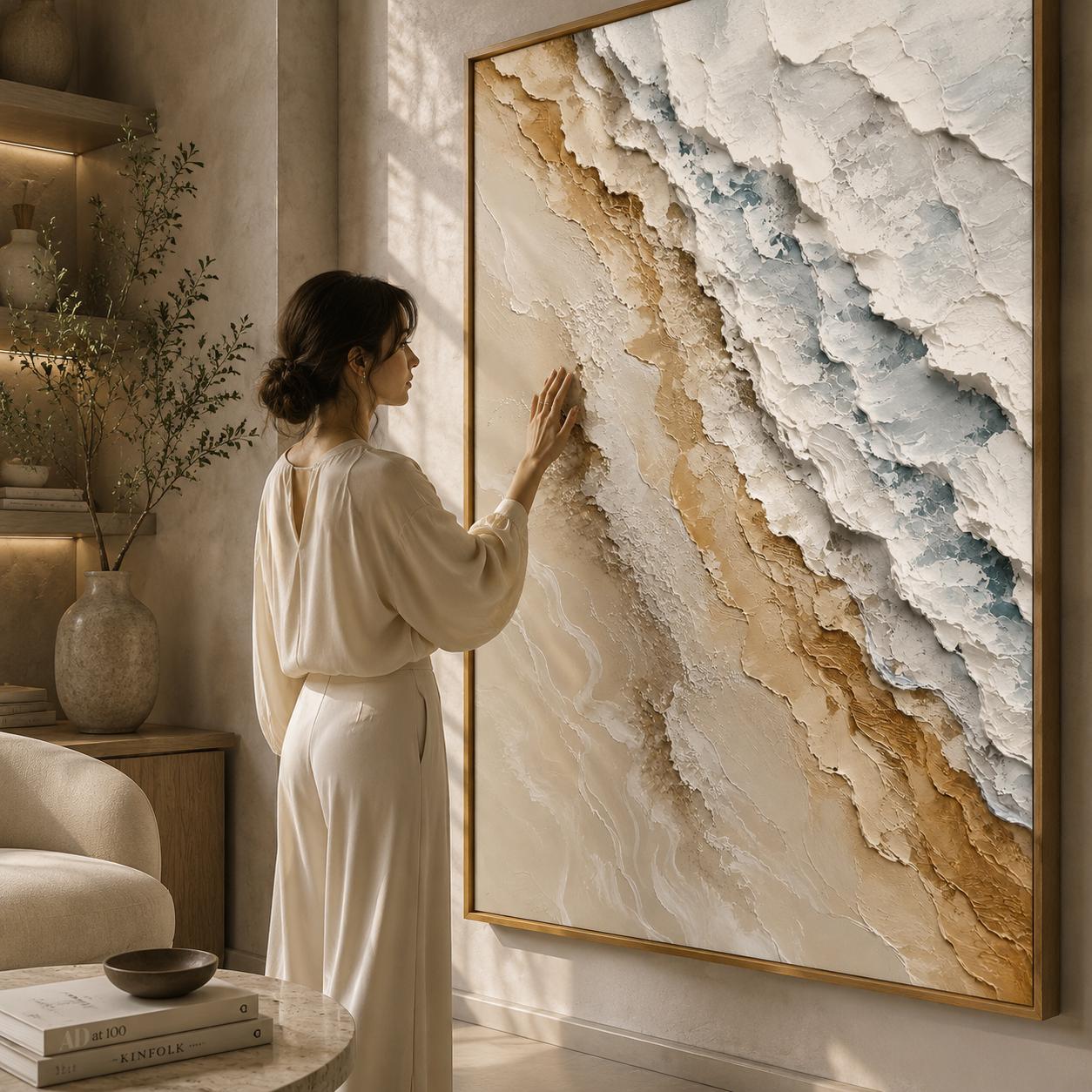 Textured Abstract Coastal Painting, Beige Neutral Canvas, Luxury Impasto Artwork