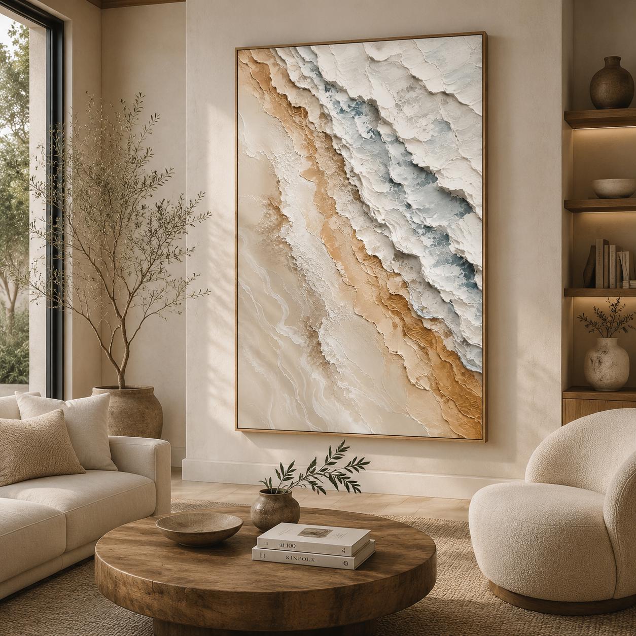 Textured Abstract Coastal Painting, Beige Neutral Canvas, Luxury Impasto Artwork