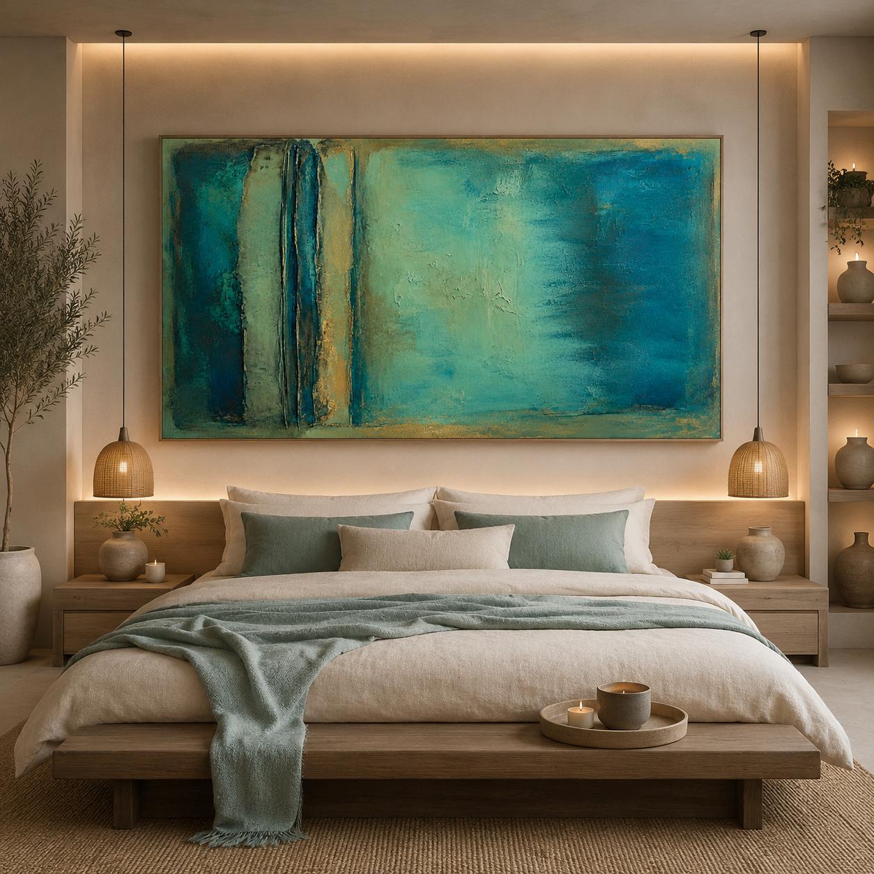 Textured Turquoise Abstract Painting, Coastal Canvas Wall Art, Gold Accents, Modern Decor