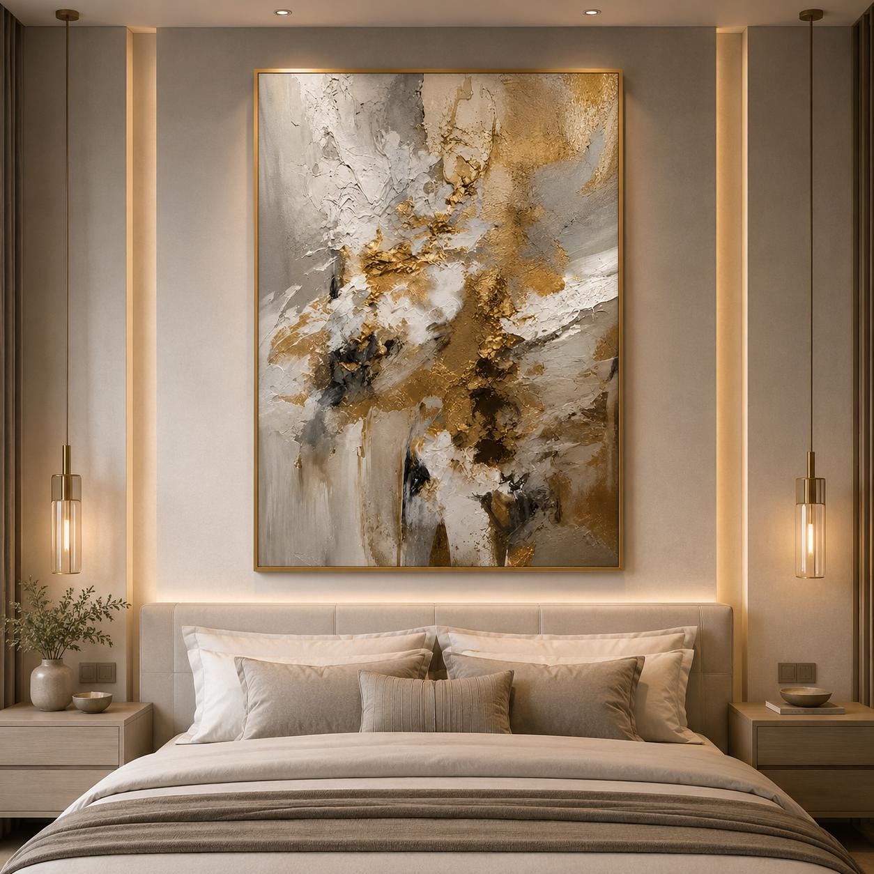 Neutral Gold Textured Abstract Painting, Luxury Beige Wall Art, Modern Impasto Canvas, Elegant Minimalist Artwork