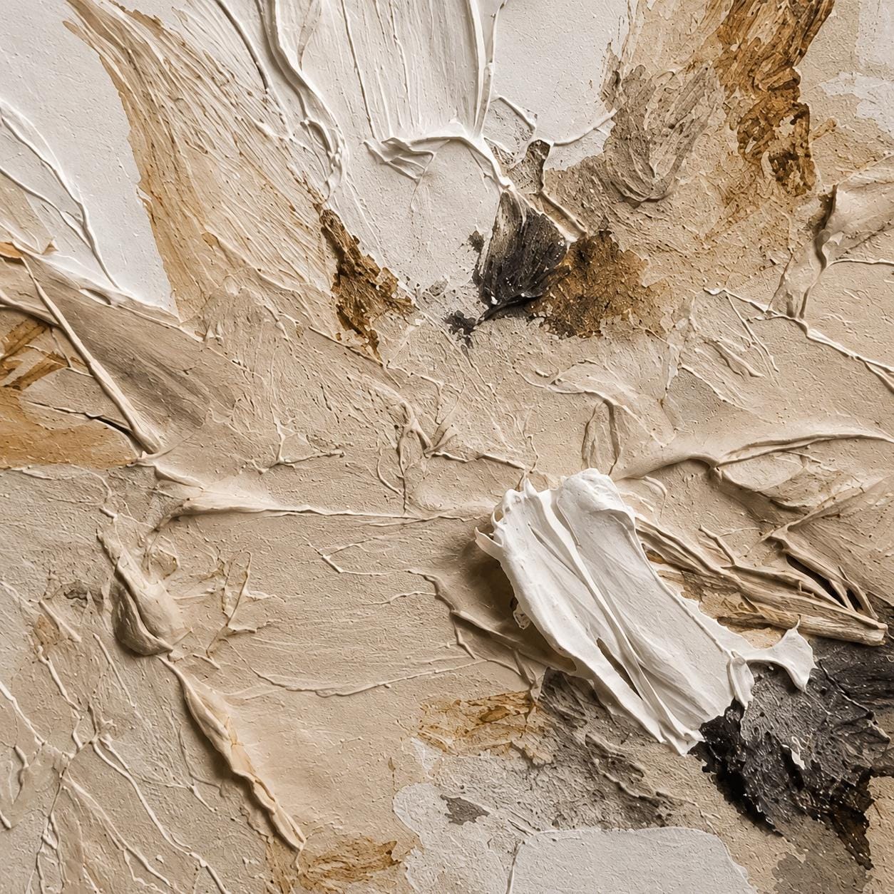 Neutral Textured Floral Abstract Painting, Beige White Modern Wall Art, Sculptural Flower Canvas, Organic Minimalist Artwork