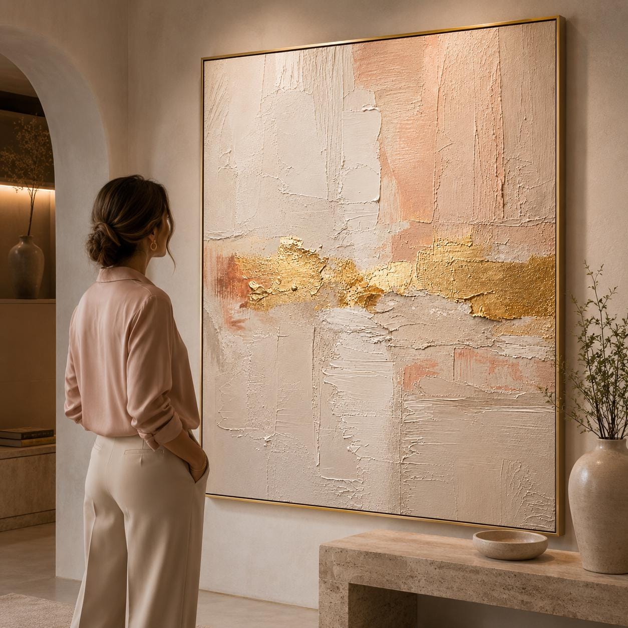 Blush Pink Gold Textured Abstract Painting, Neutral Modern Canvas Artwork