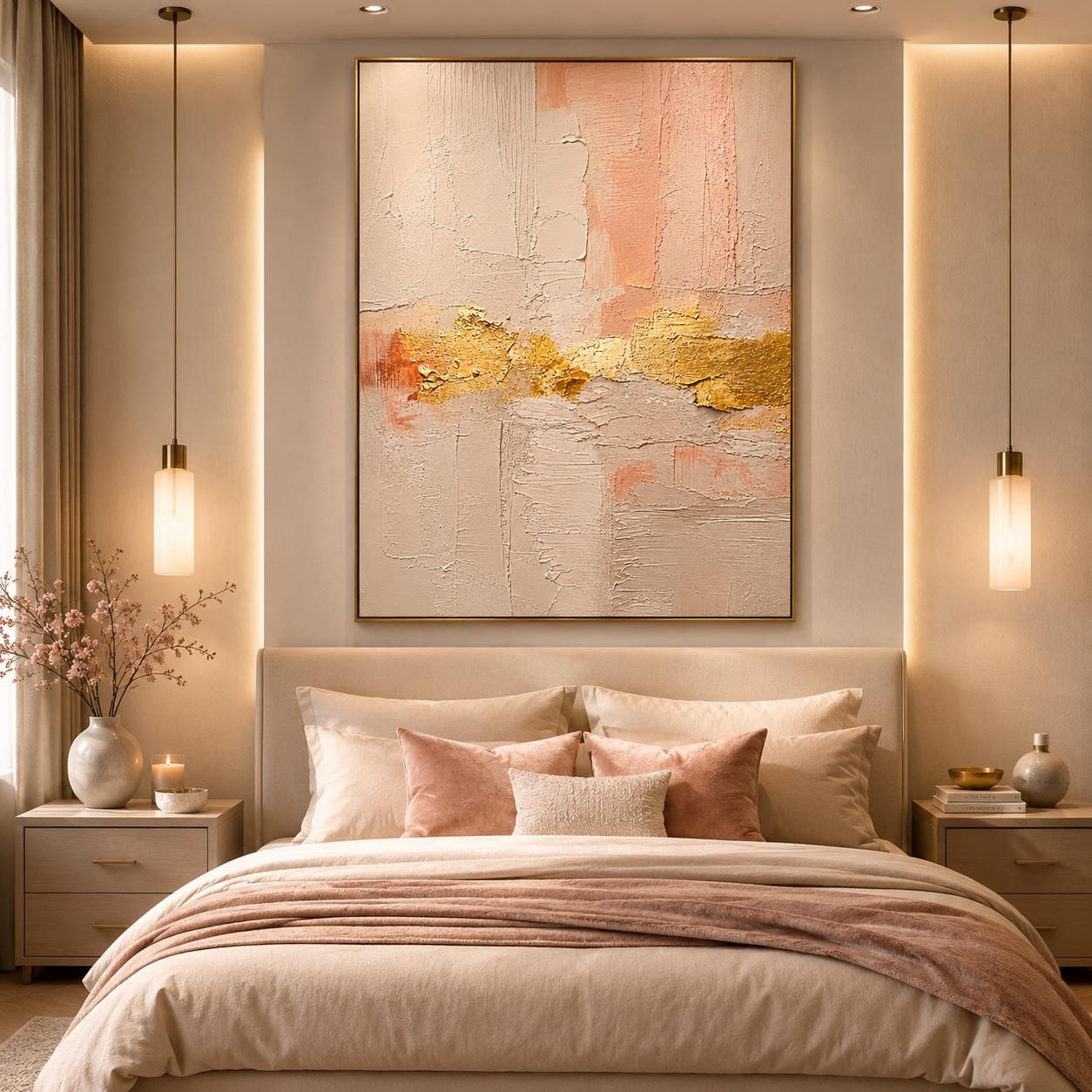 Blush Pink Gold Textured Abstract Painting, Neutral Modern Canvas Artwork