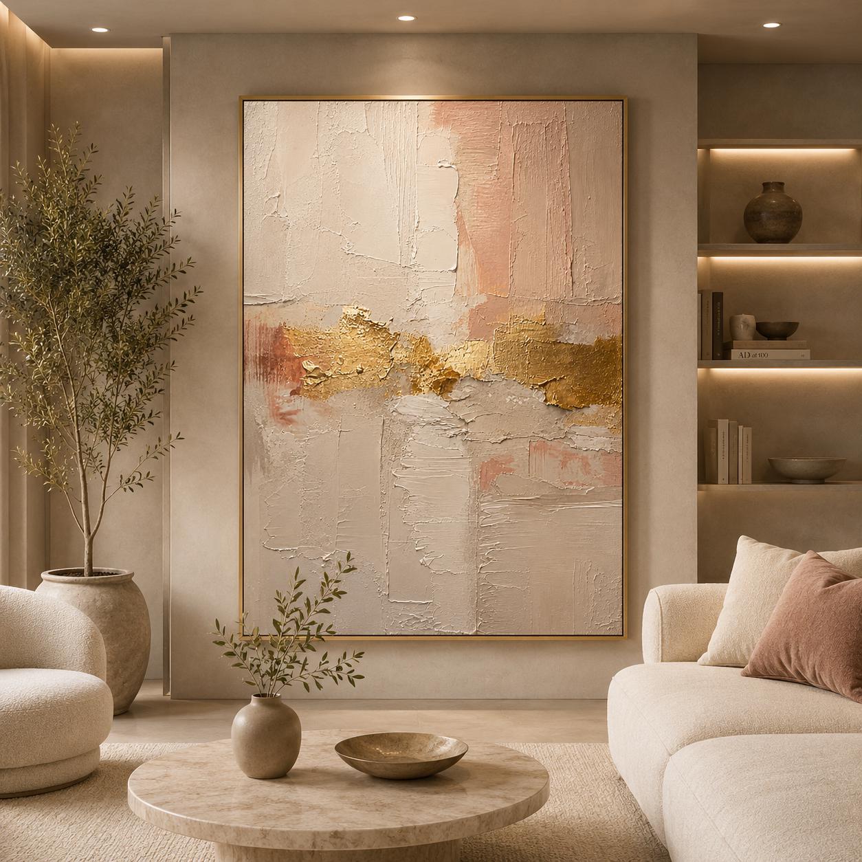 Blush Pink Gold Textured Abstract Painting, Neutral Modern Canvas Artwork