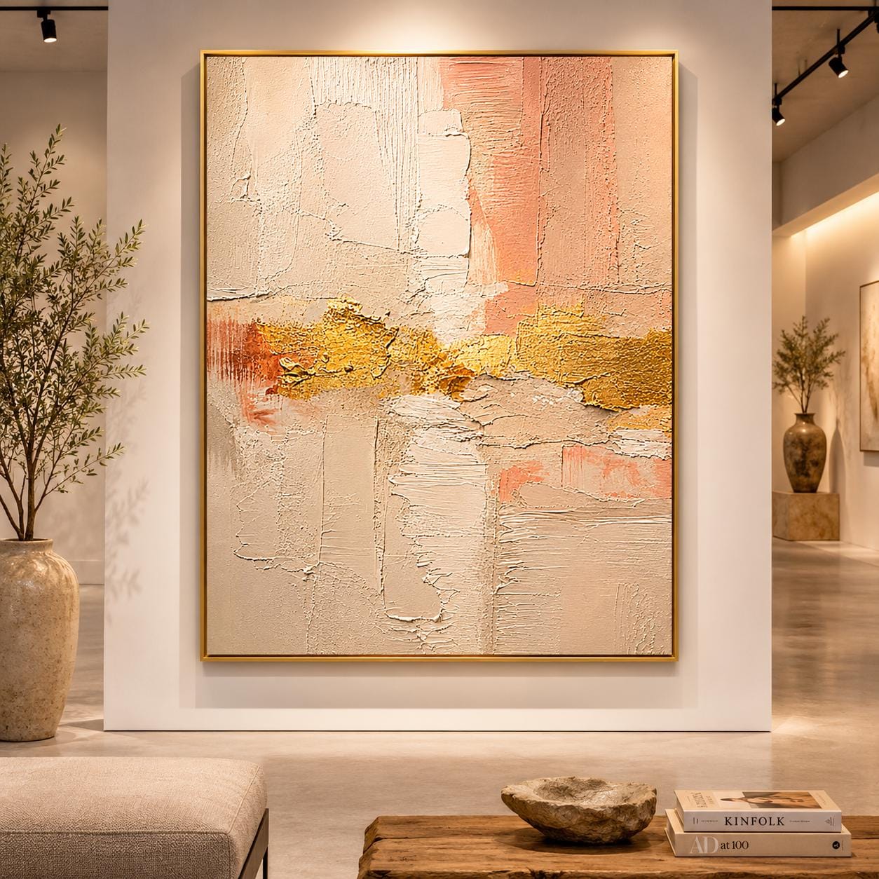 Blush Pink Gold Textured Abstract Painting, Neutral Modern Canvas Artwork