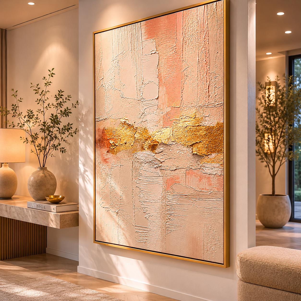 Blush Pink Gold Textured Abstract Painting, Neutral Modern Canvas Artwork