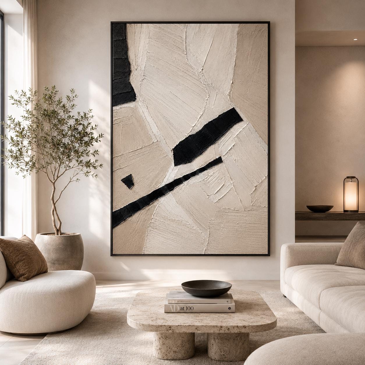Minimalist Black White Abstract Painting, Neutral Textured Wall Art, Modern Geometric Canvas, Contemporary Sculptural Artwork