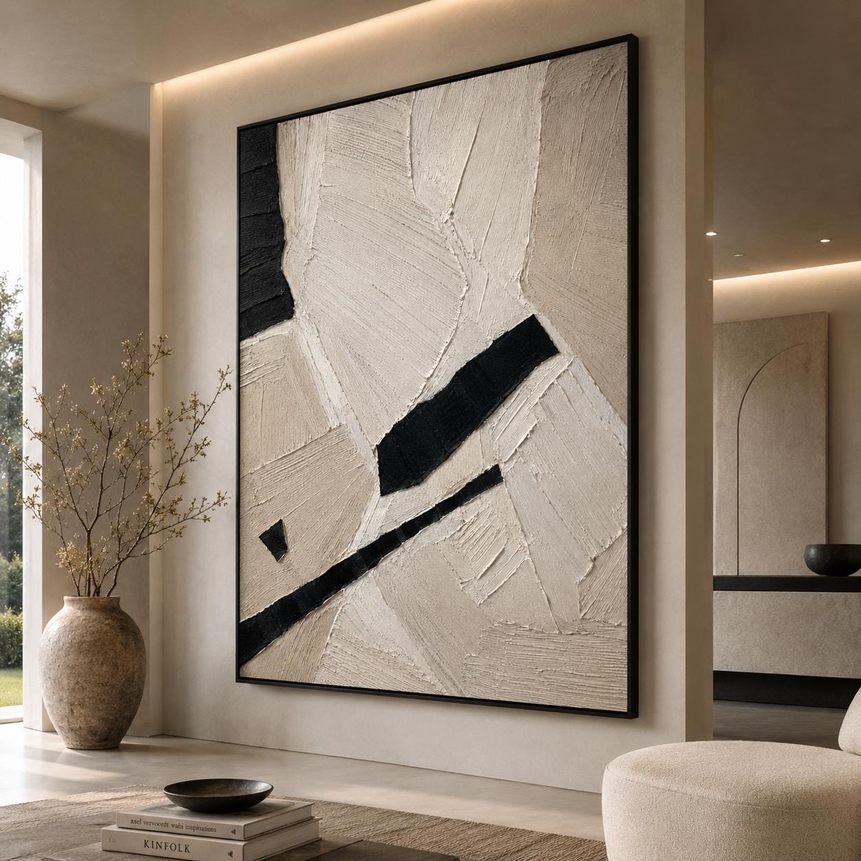 Minimalist Black White Abstract Painting, Neutral Textured Wall Art, Modern Geometric Canvas, Contemporary Sculptural Artwork