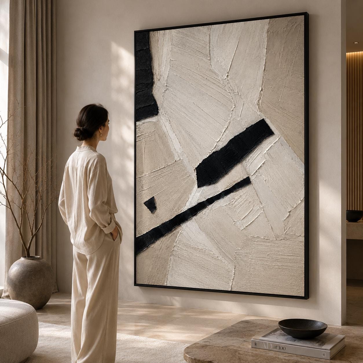 Minimalist Black White Abstract Painting, Neutral Textured Wall Art, Modern Geometric Canvas, Contemporary Sculptural Artwork
