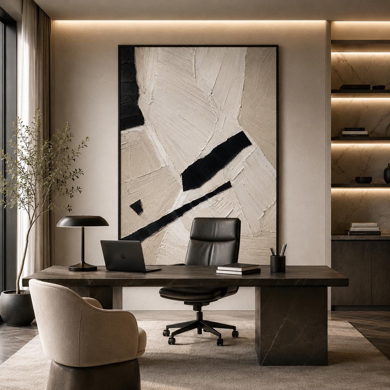 Minimalist Black White Abstract Painting, Neutral Textured Wall Art, Modern Geometric Canvas, Contemporary Sculptural Artwork