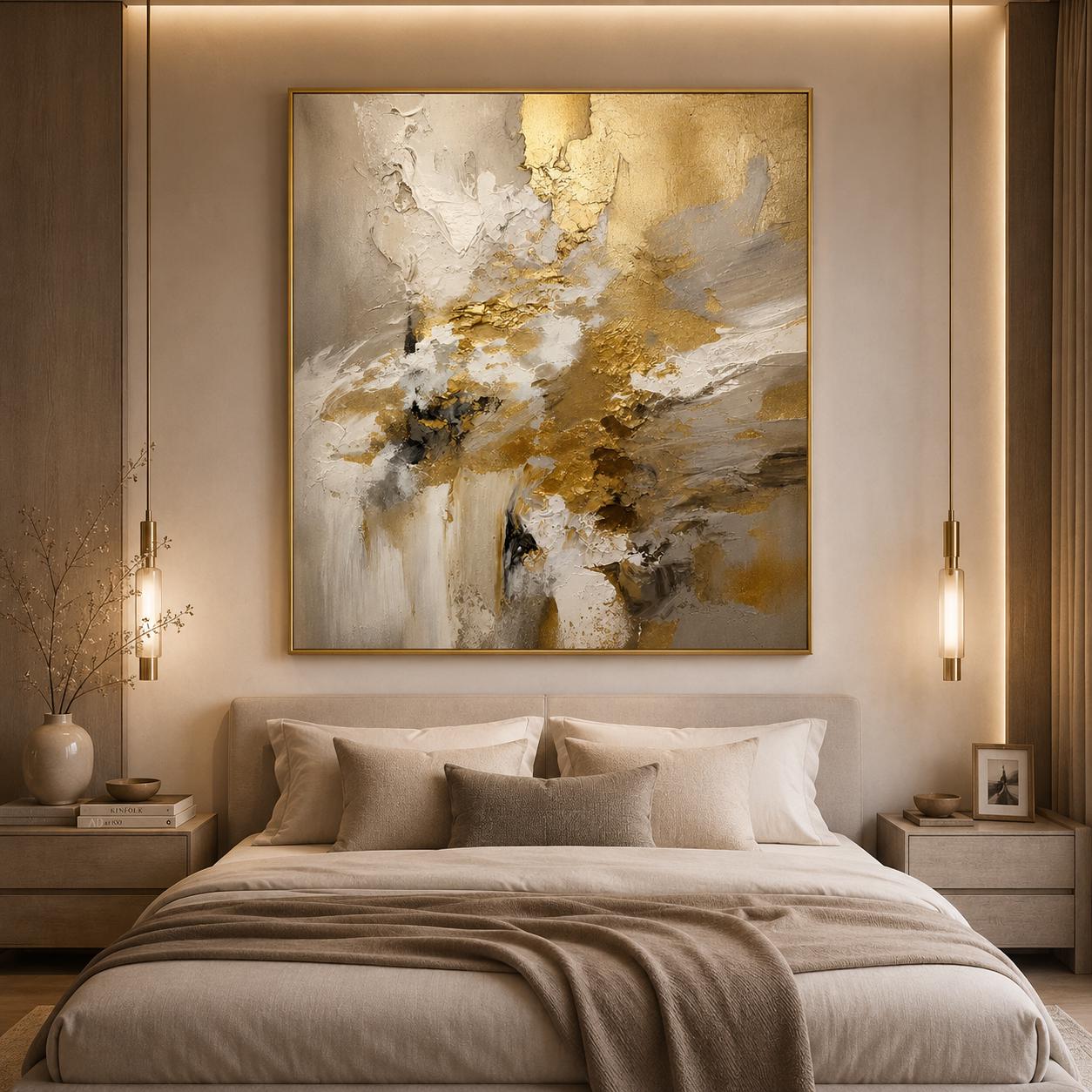 Luxury Gold Textured Abstract Painting, Neutral Modern Wall Art, White Beige Impasto Canvas, Elegant Contemporary Artwork