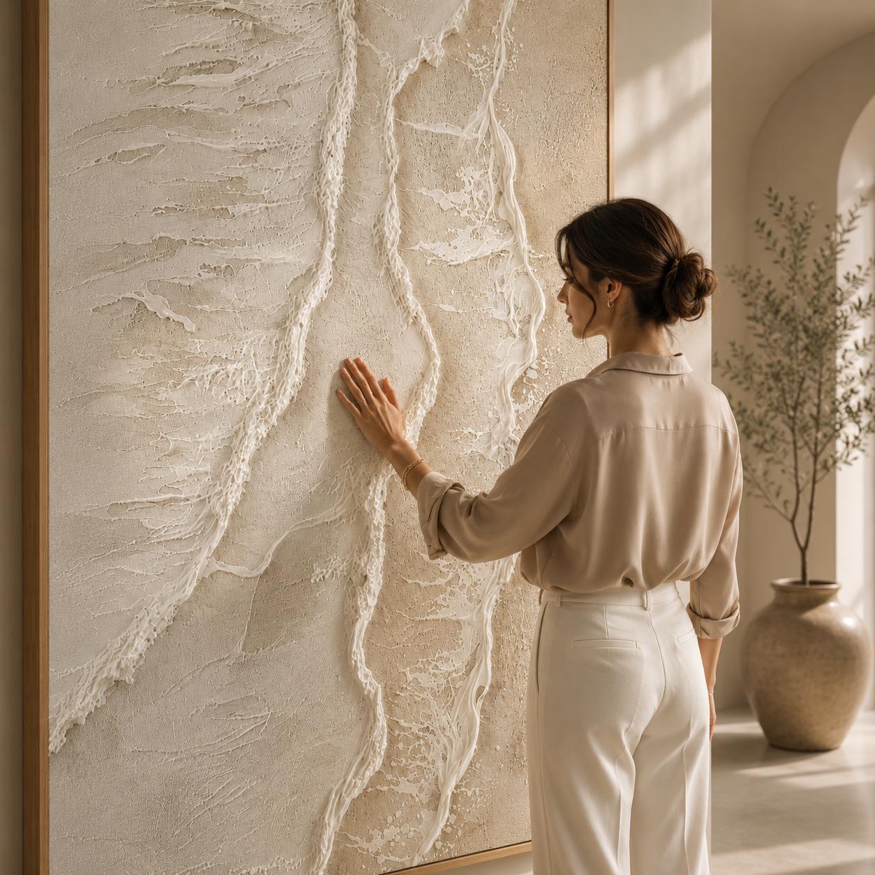 Textured Abstract Painting, Sculptural Beige Impasto Wall Art