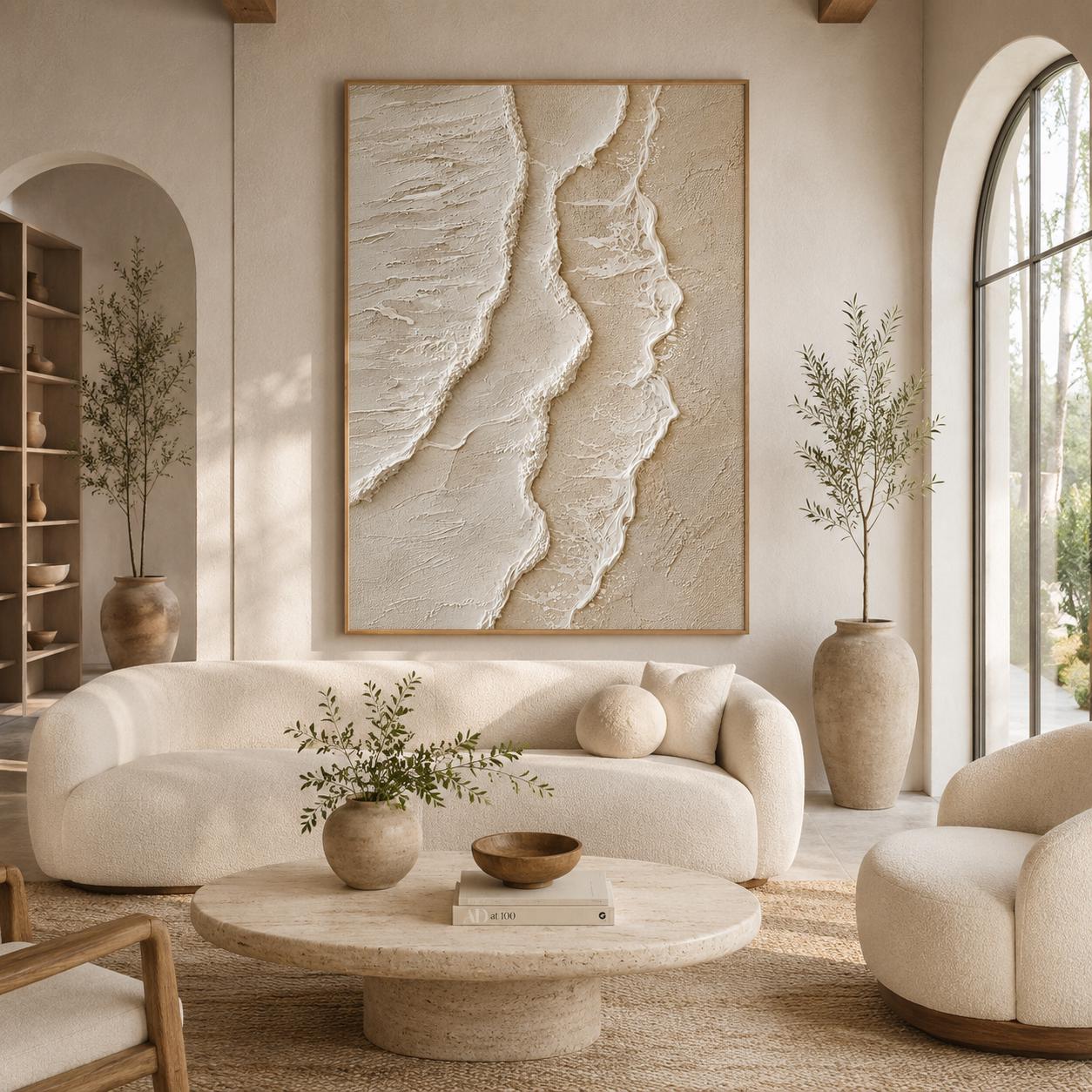 Textured Abstract Painting, Sculptural Beige Impasto Wall Art