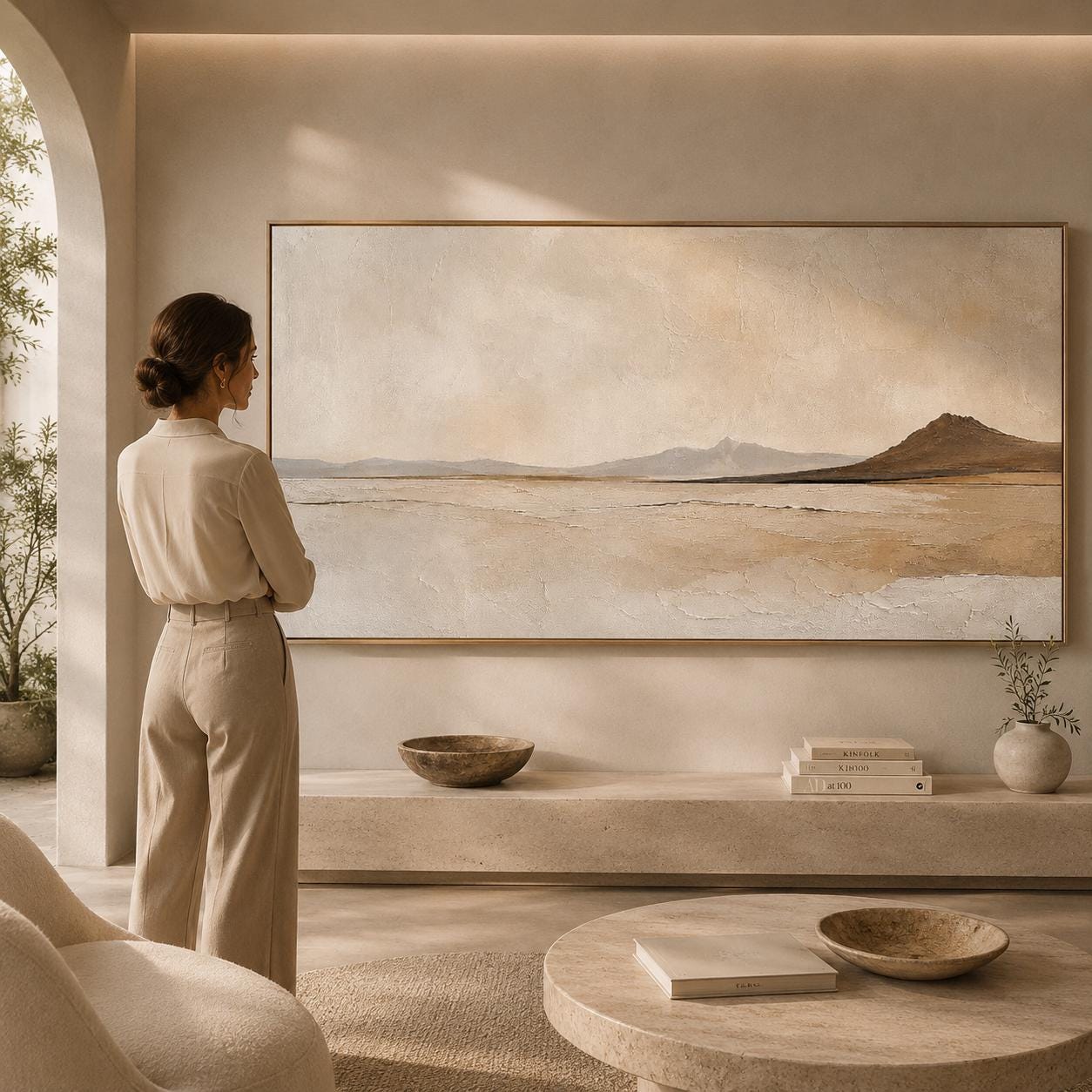 Neutral Landscape Painting, Minimalist Desert Wall Art, Beige Mountain Canvas, Modern Earth Tone Artwork