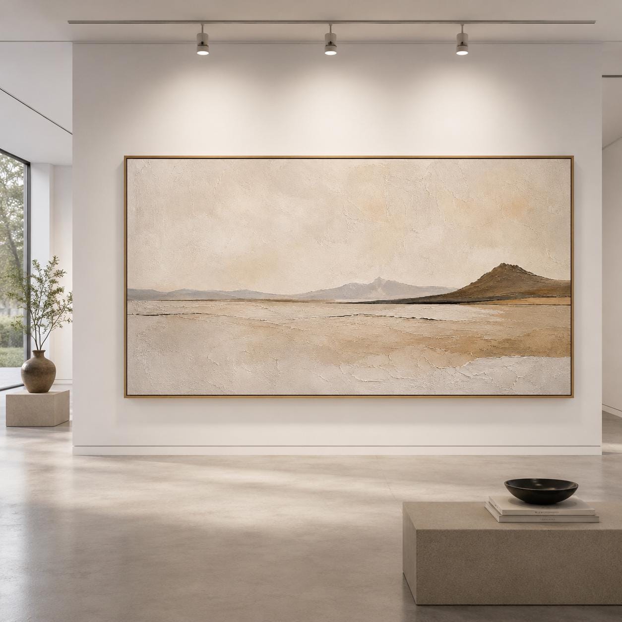 Neutral Landscape Painting, Minimalist Desert Wall Art, Beige Mountain Canvas, Modern Earth Tone Artwork