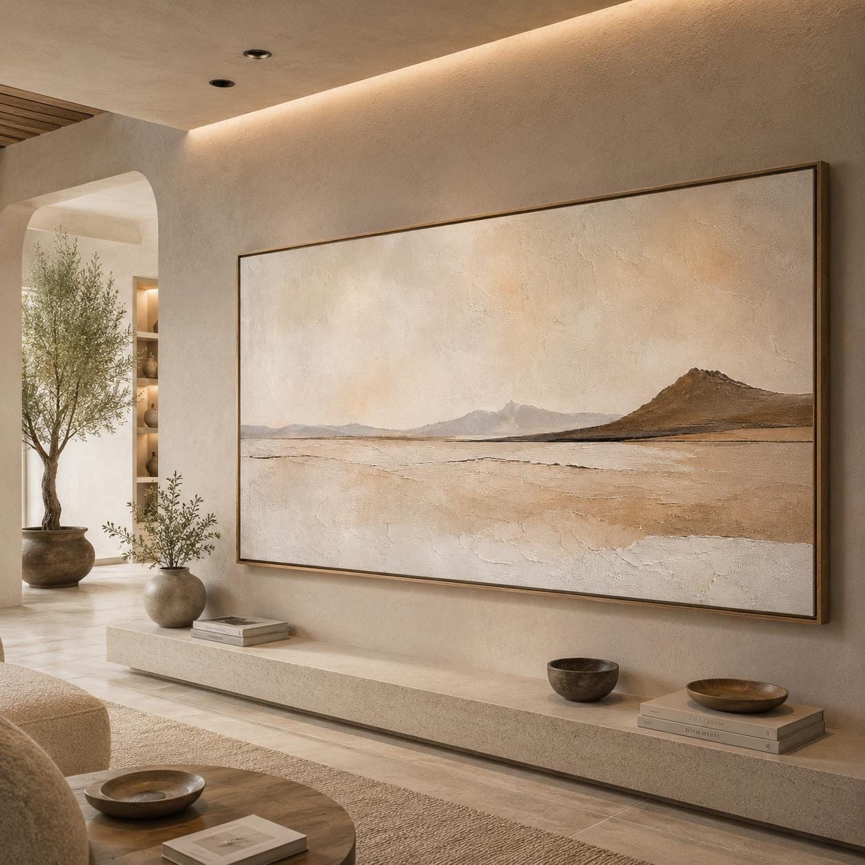 Neutral Landscape Painting, Minimalist Desert Wall Art, Beige Mountain Canvas, Modern Earth Tone Artwork