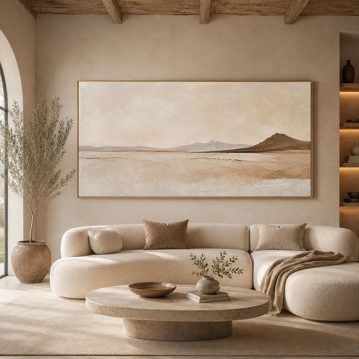 Neutral Landscape Painting, Minimalist Desert Wall Art, Beige Mountain Canvas, Modern Earth Tone Artwork