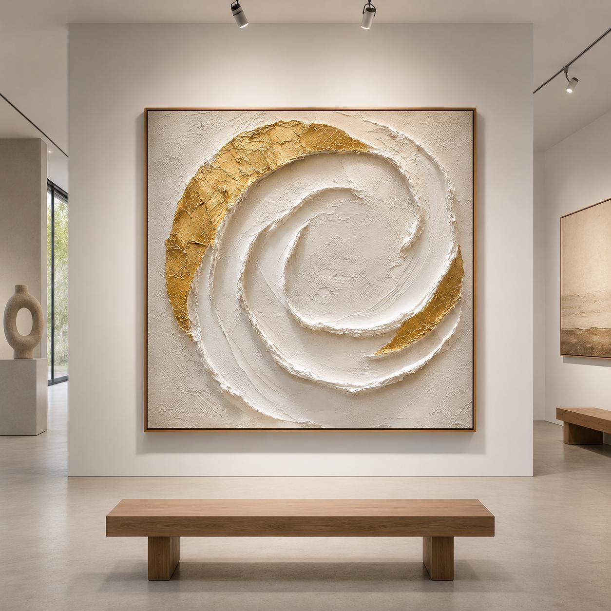 Textured Gold Spiral Abstract Painting, White Minimalist Canvas Art