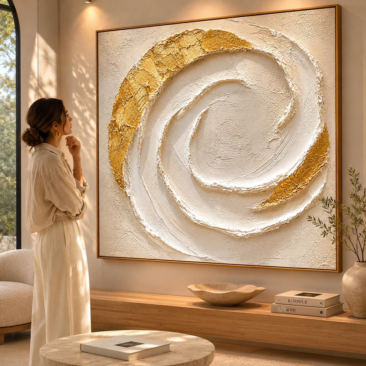Textured Gold Spiral Abstract Painting, White Minimalist Canvas Art