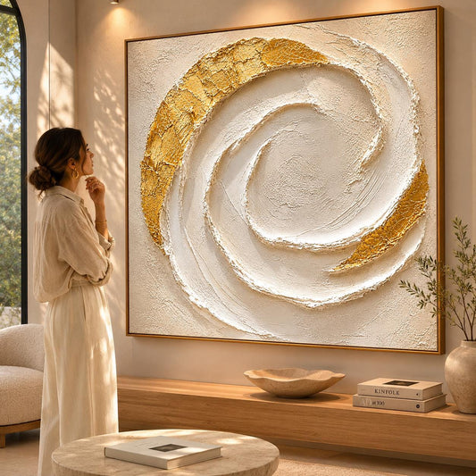 Textured Gold Spiral Abstract Painting, White Minimalist Canvas Art