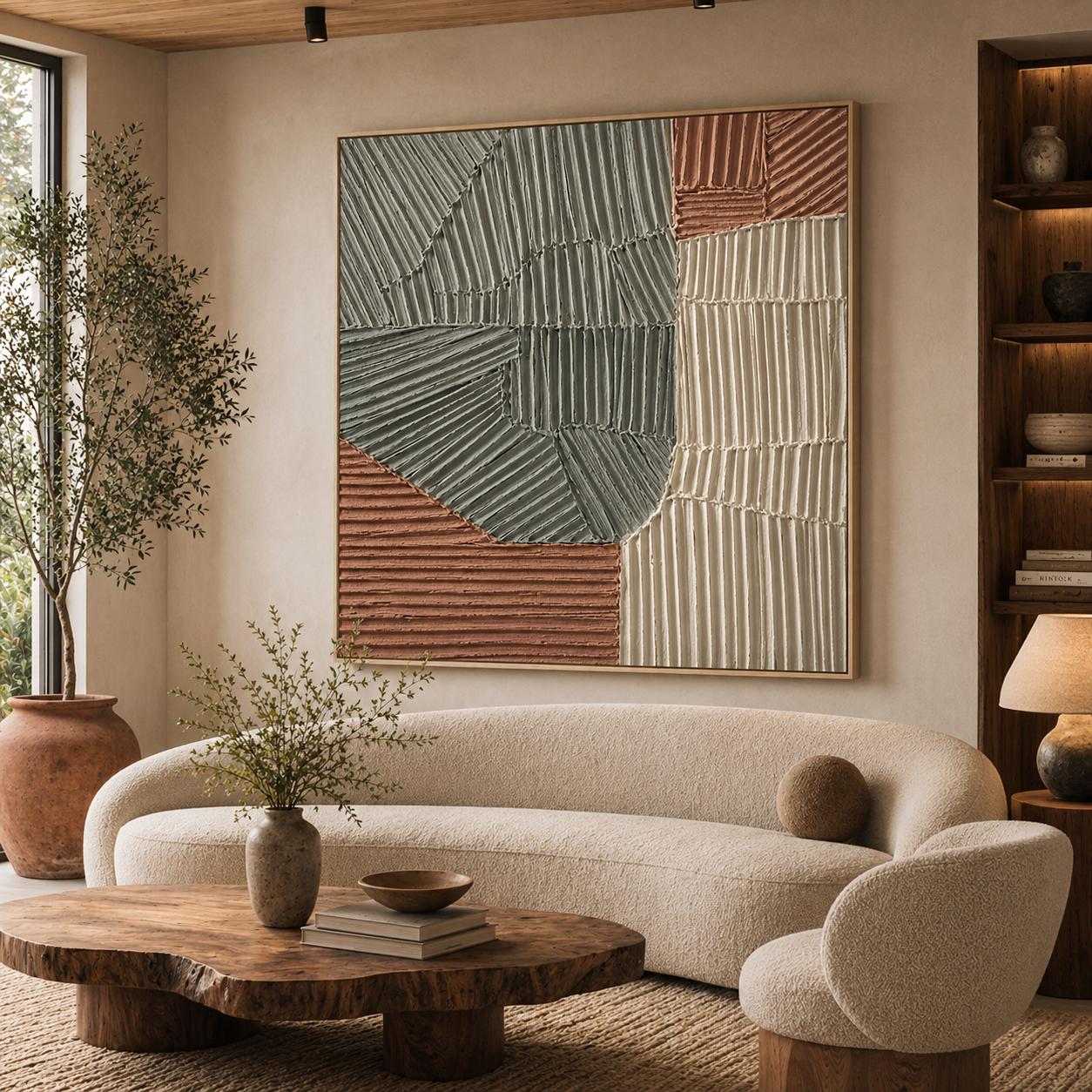 Textured Geometric Abstract Painting, Sage Green Terracotta Canvas Art