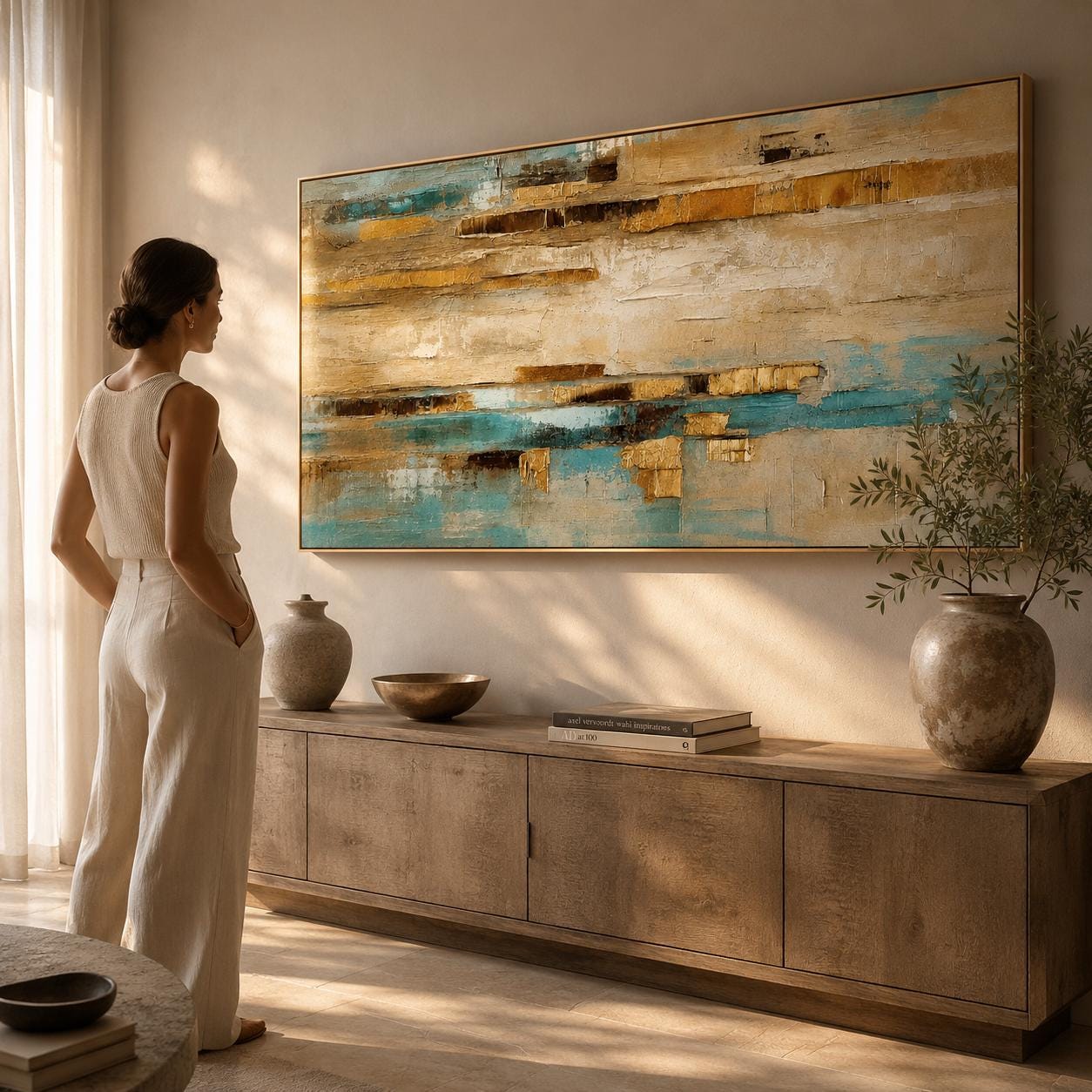 Textured Abstract Coastal Painting, Beige Blue Gold Wall Art, Modern Canvas Artwork