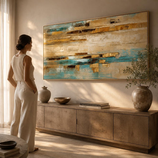 Textured Abstract Coastal Painting, Beige Blue Gold Wall Art, Modern Canvas Artwork
