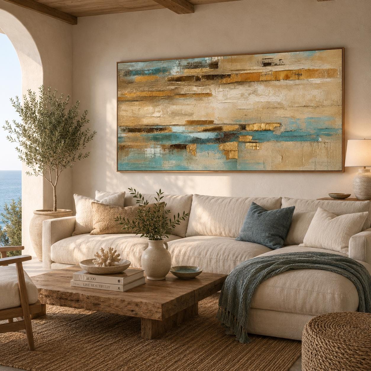 Textured Abstract Coastal Painting, Beige Blue Gold Wall Art, Modern Canvas Artwork