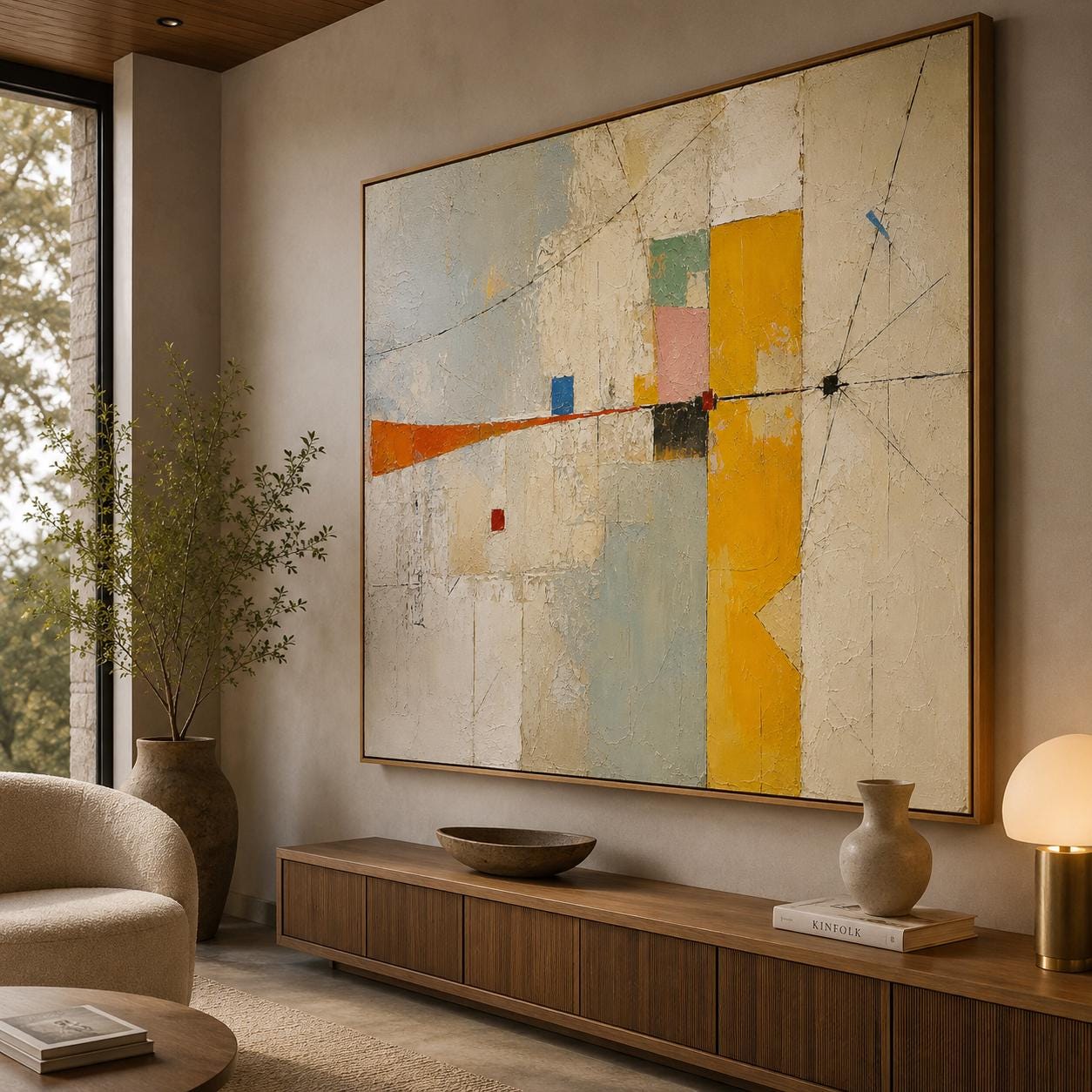 Textured Geometric Abstract Painting, Mid Century Modern Wall Art, Yellow Neutral Canvas, Minimalist Home Decor Gift