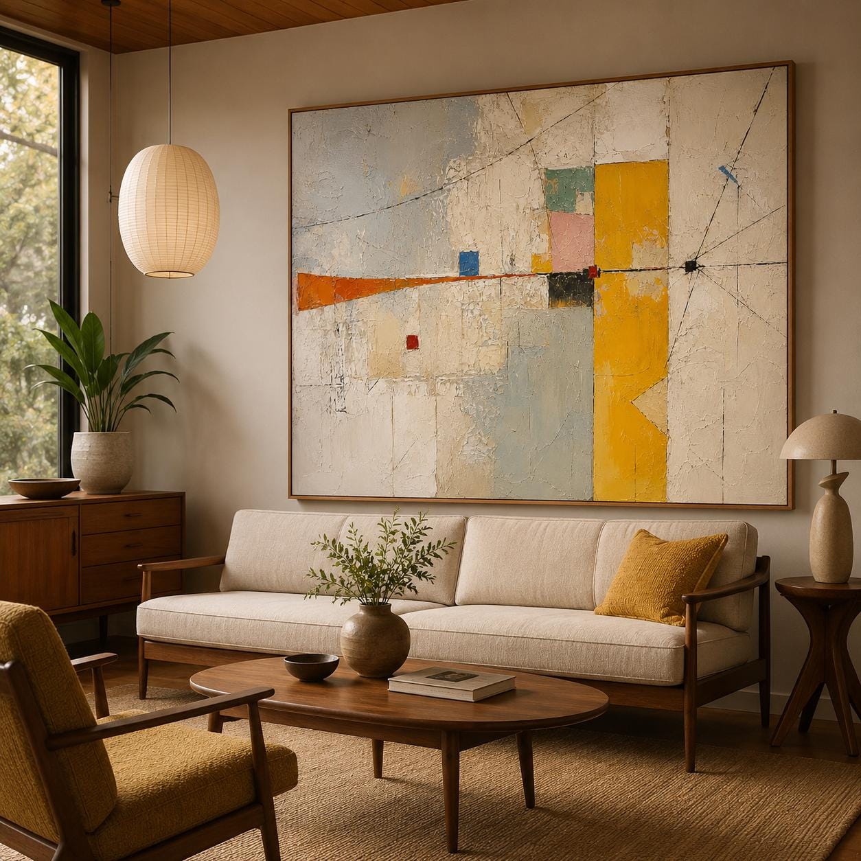 Textured Geometric Abstract Painting, Mid Century Modern Wall Art, Yellow Neutral Canvas, Minimalist Home Decor Gift