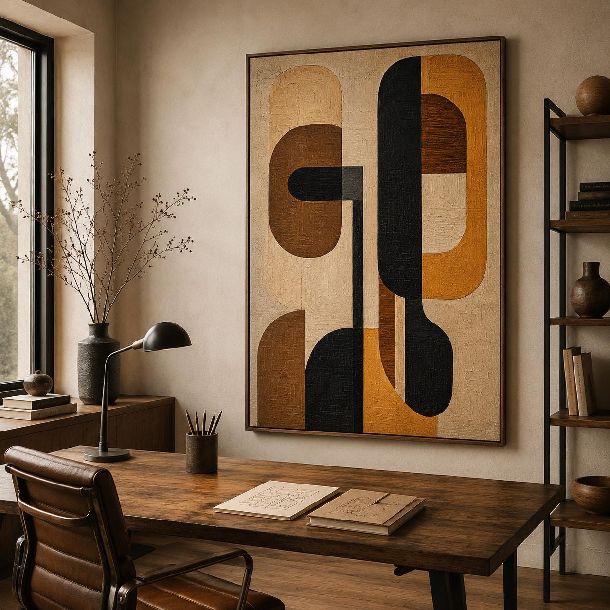 Mid Century Modern Abstract Painting, Geometric Arches, Textured Canvas Wall Art