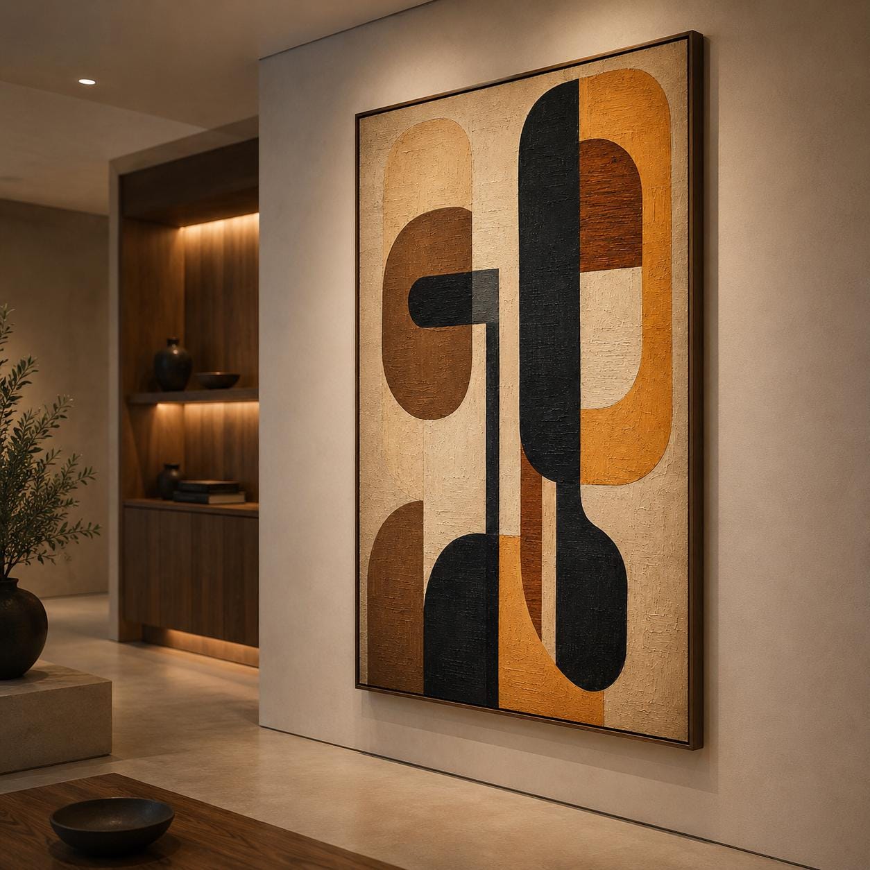 Mid Century Modern Abstract Painting, Geometric Arches, Textured Canvas Wall Art
