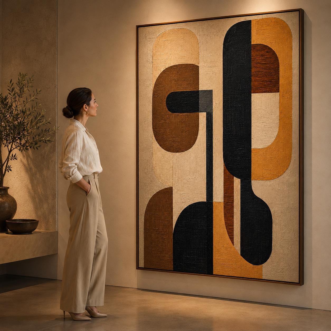 Mid Century Modern Abstract Painting, Geometric Arches, Textured Canvas Wall Art