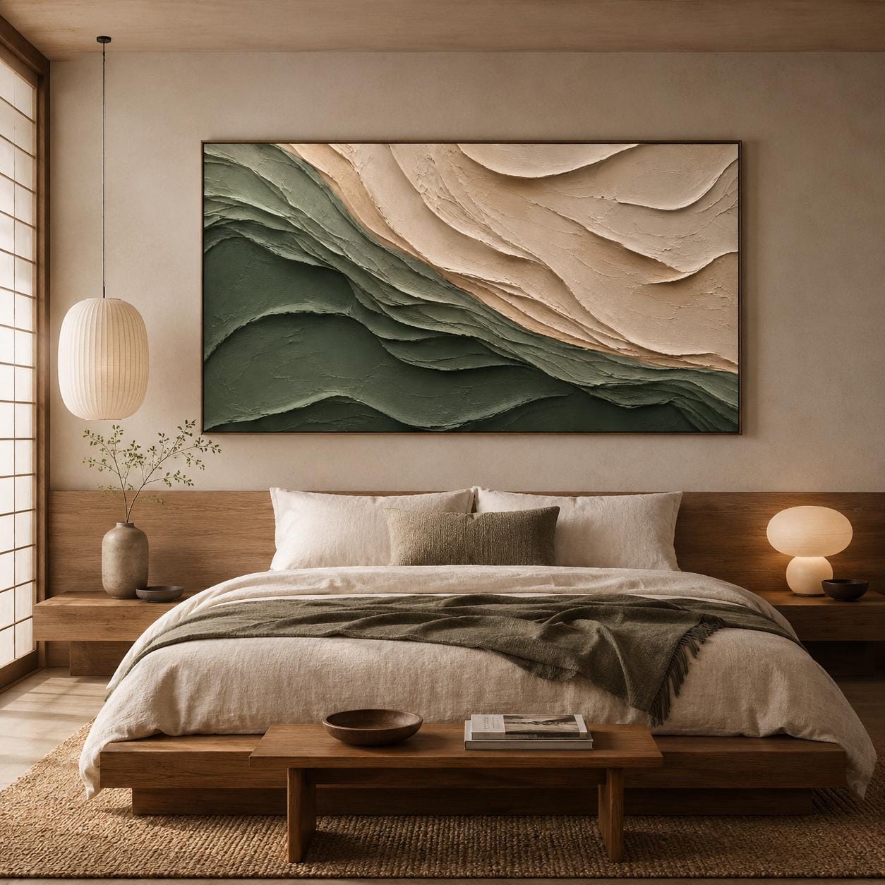 Textured Green Wave Wall Art, Organic Layered Abstract Painting, Sage Green Minimalist Canvas, Neutral Sculptural Artwork