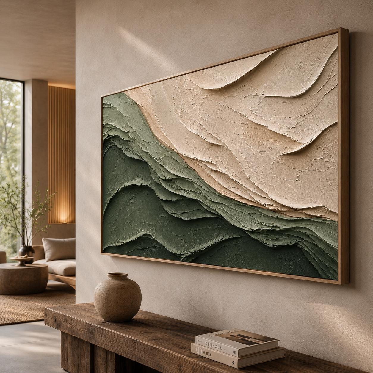 Textured Green Wave Wall Art, Organic Layered Abstract Painting, Sage Green Minimalist Canvas, Neutral Sculptural Artwork