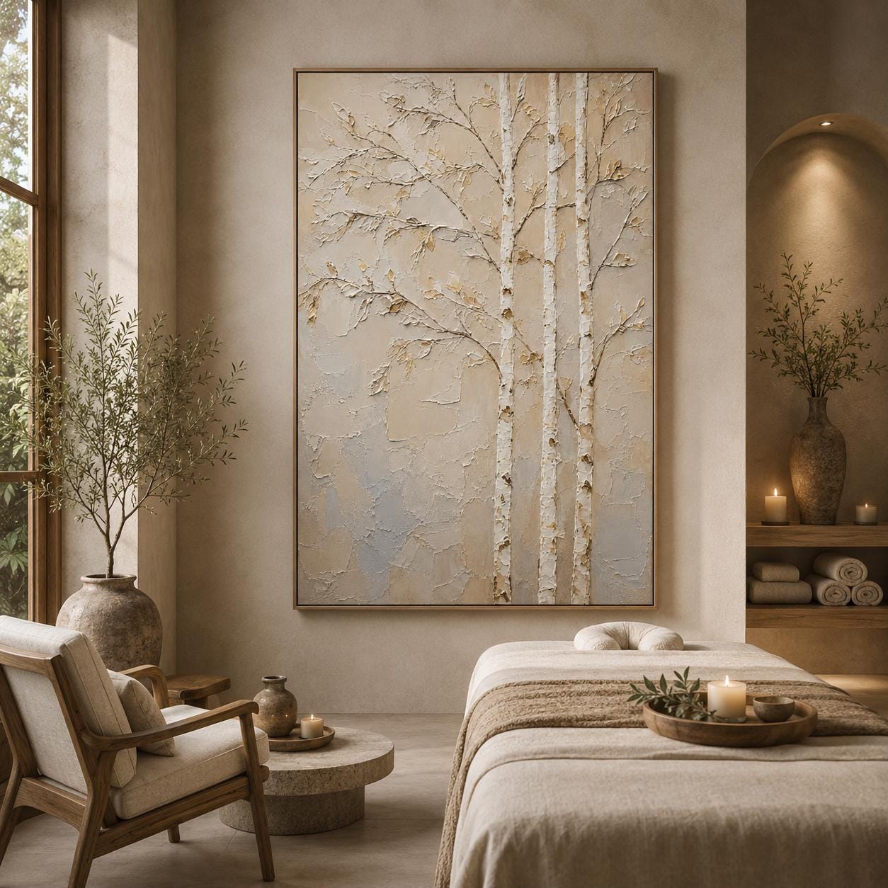 Textured Birch Tree Wall Art, Neutral Abstract Forest Painting, Sculptural Woodland Canvas