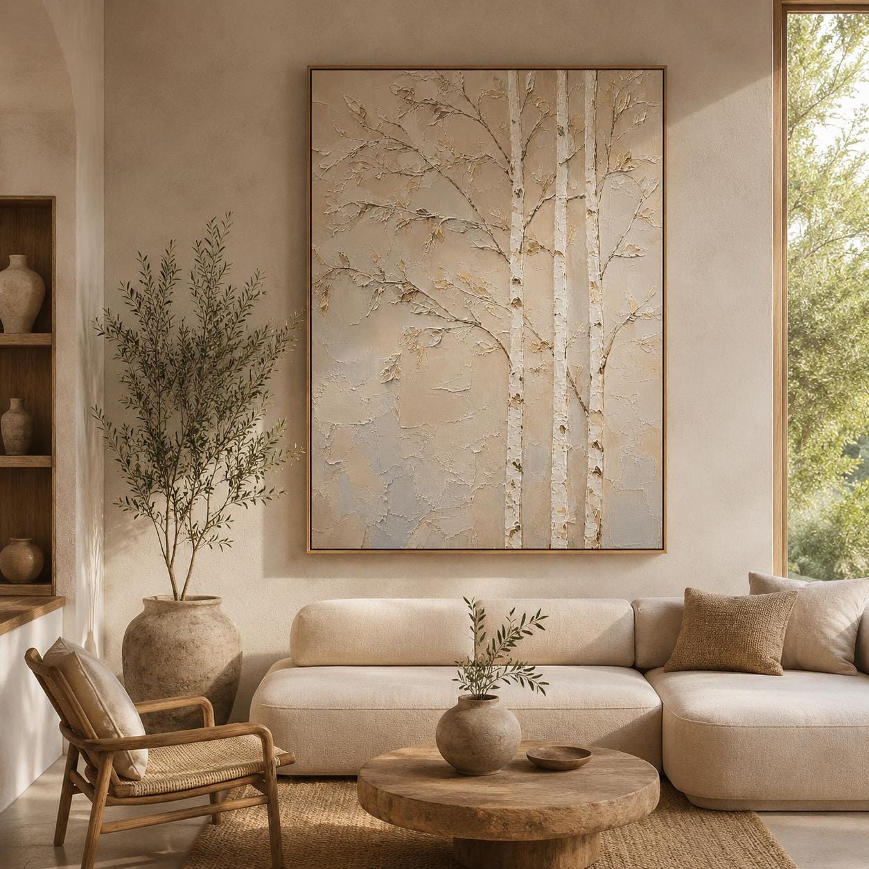 Textured Birch Tree Wall Art, Neutral Abstract Forest Painting, Sculptural Woodland Canvas