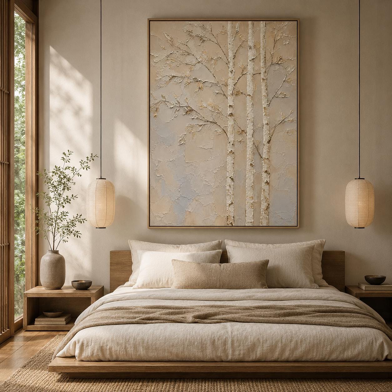 Textured Birch Tree Wall Art, Neutral Abstract Forest Painting, Sculptural Woodland Canvas