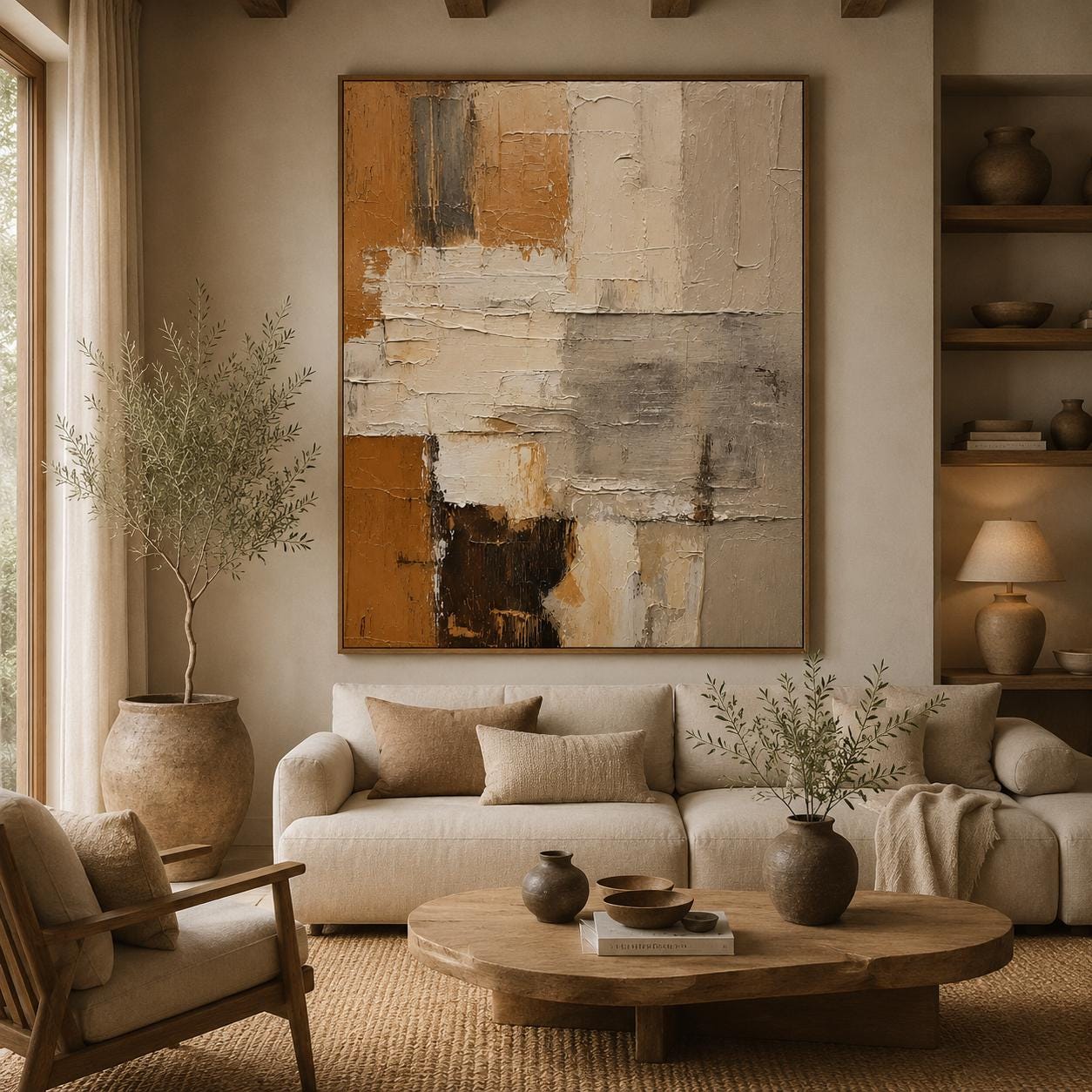 Textured Abstract Canvas Painting, Geometric Earth Tone Artwork, Modern Sculptural Decor