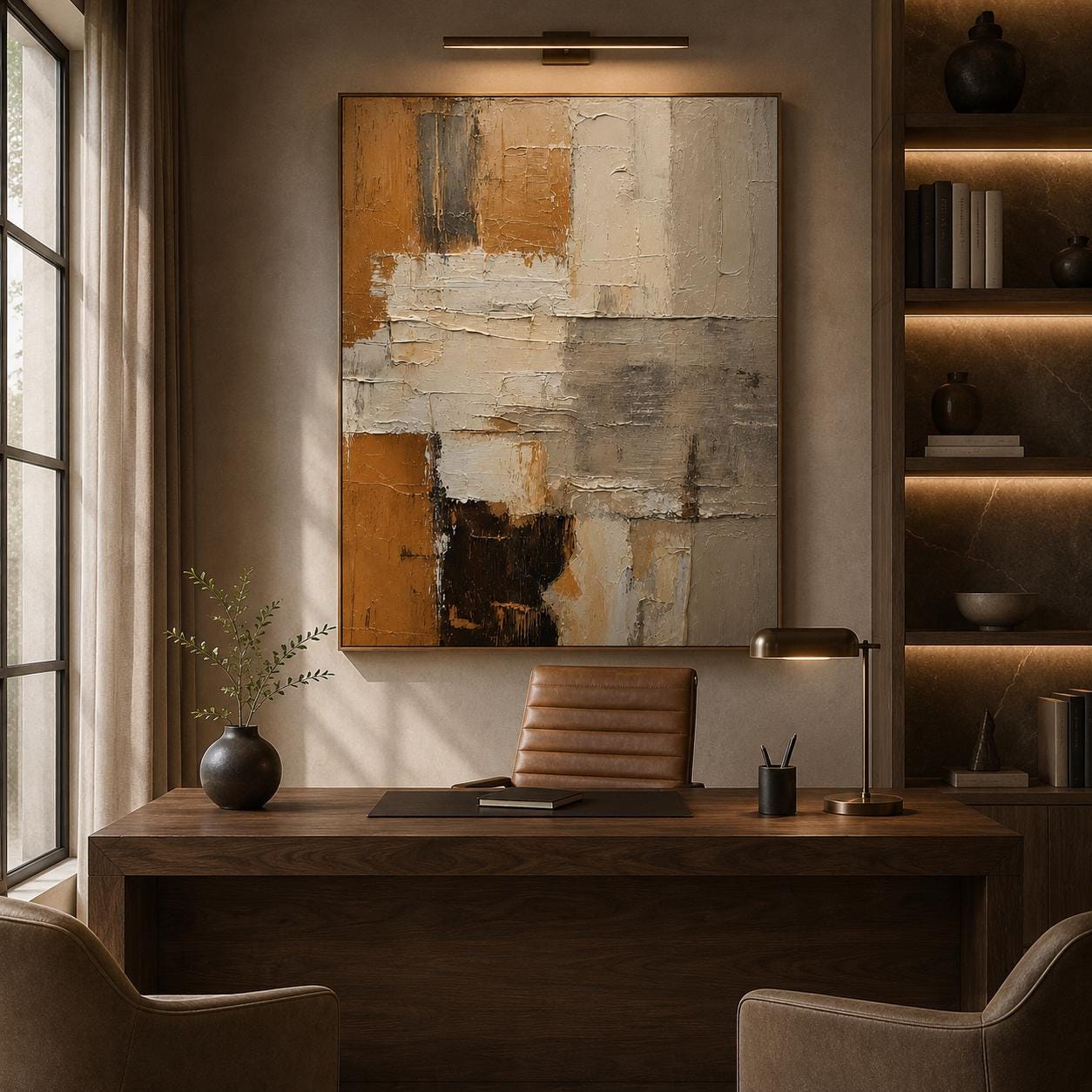 Textured Abstract Canvas Painting, Geometric Earth Tone Artwork, Modern Sculptural Decor